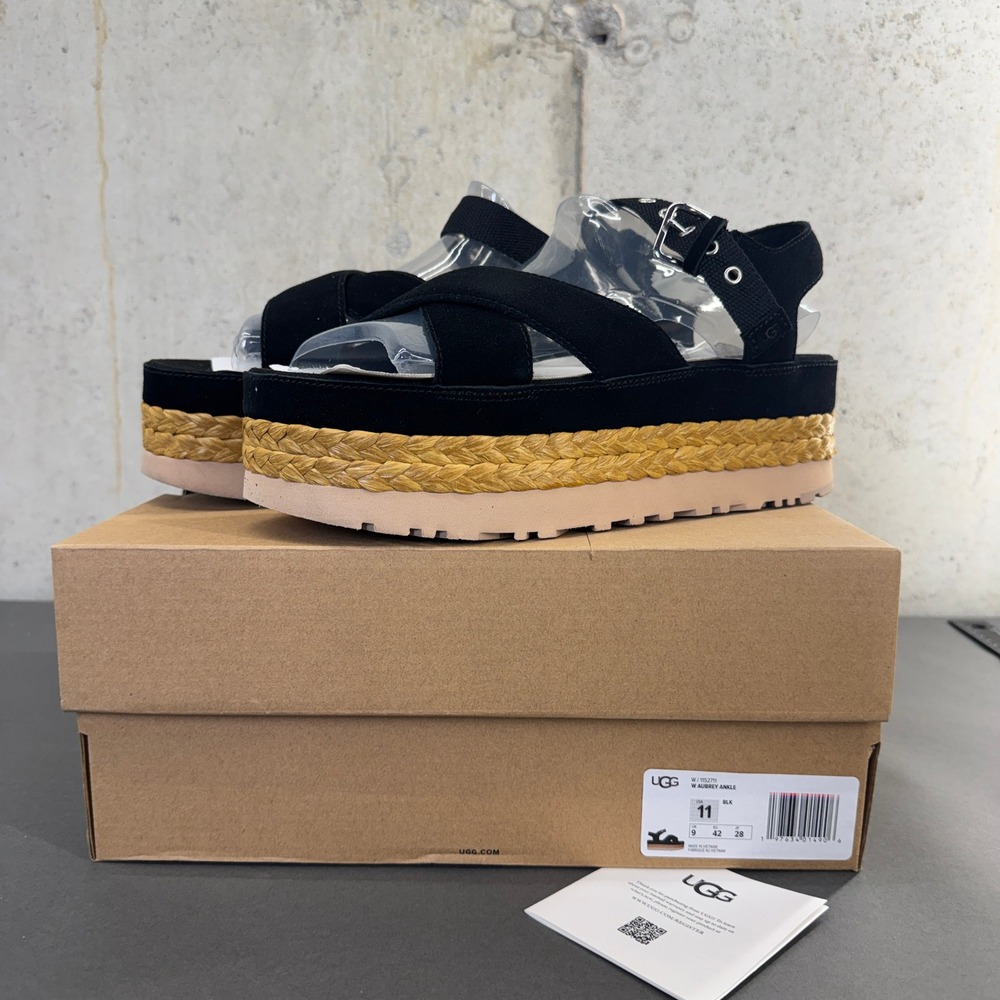 UGG Womens Aubrey Ankle Platform Wedge Sandals Black Size 11 NWT with Box